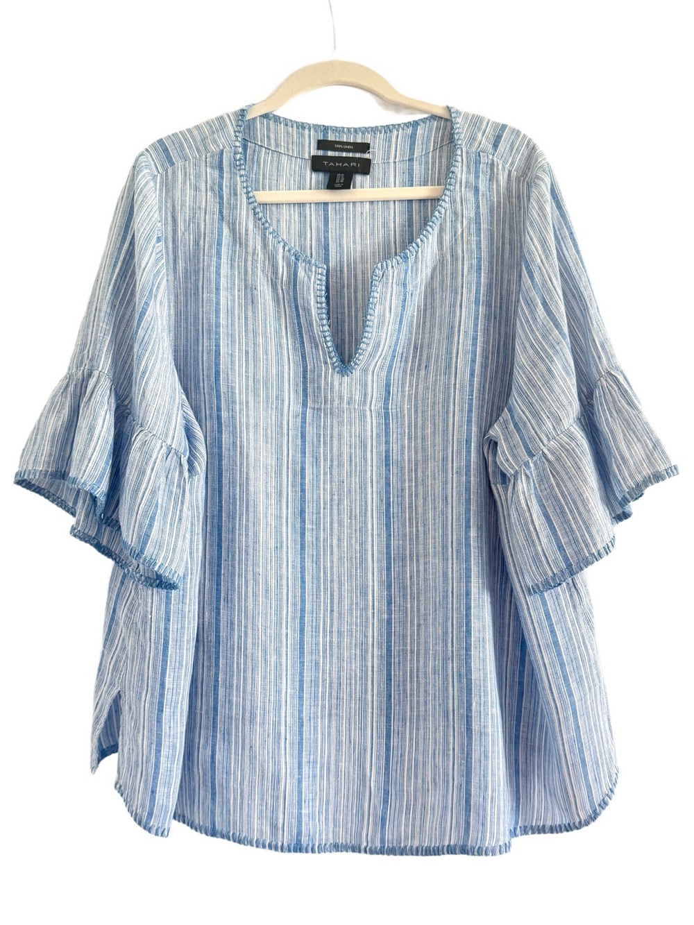 Tahari Linen Light Blue Striped Ruffle Sleeve Top 1X - Picture 10 of 10